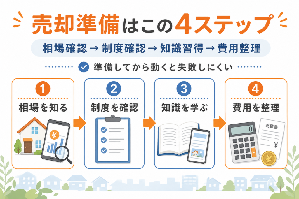 4ステップの illustration: 売却準備の流れを示す図。1) 相場を知る、2) 制度を確認、3) 知識を学ぶ、4) 費用を整理の順で進む。