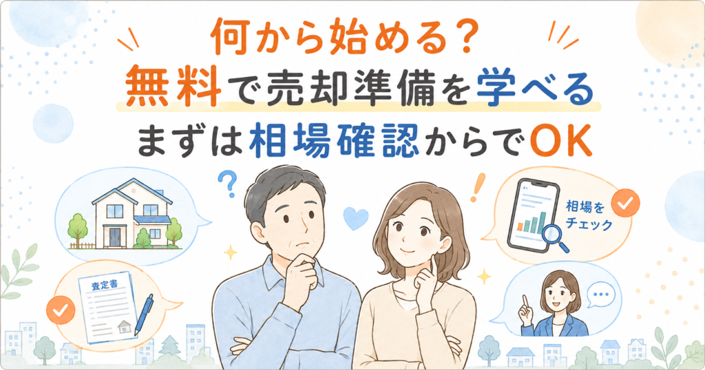 Banner encouraging learning free home-selling prep, showing a couple with icons of a house, contract, and a smartphone with charts to indicate market checks and steps.