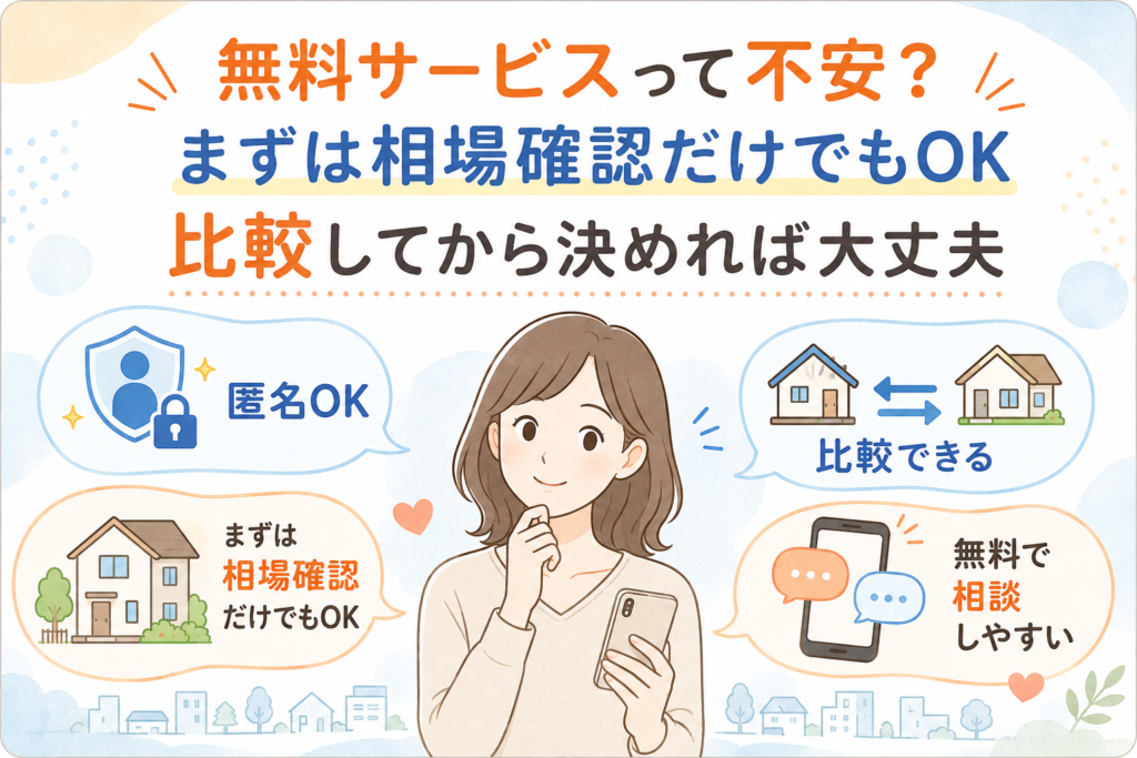 中央の女性がスマホを手にし、匿名OKの相談・相場確認・比較ができることを示す情報イラスト。