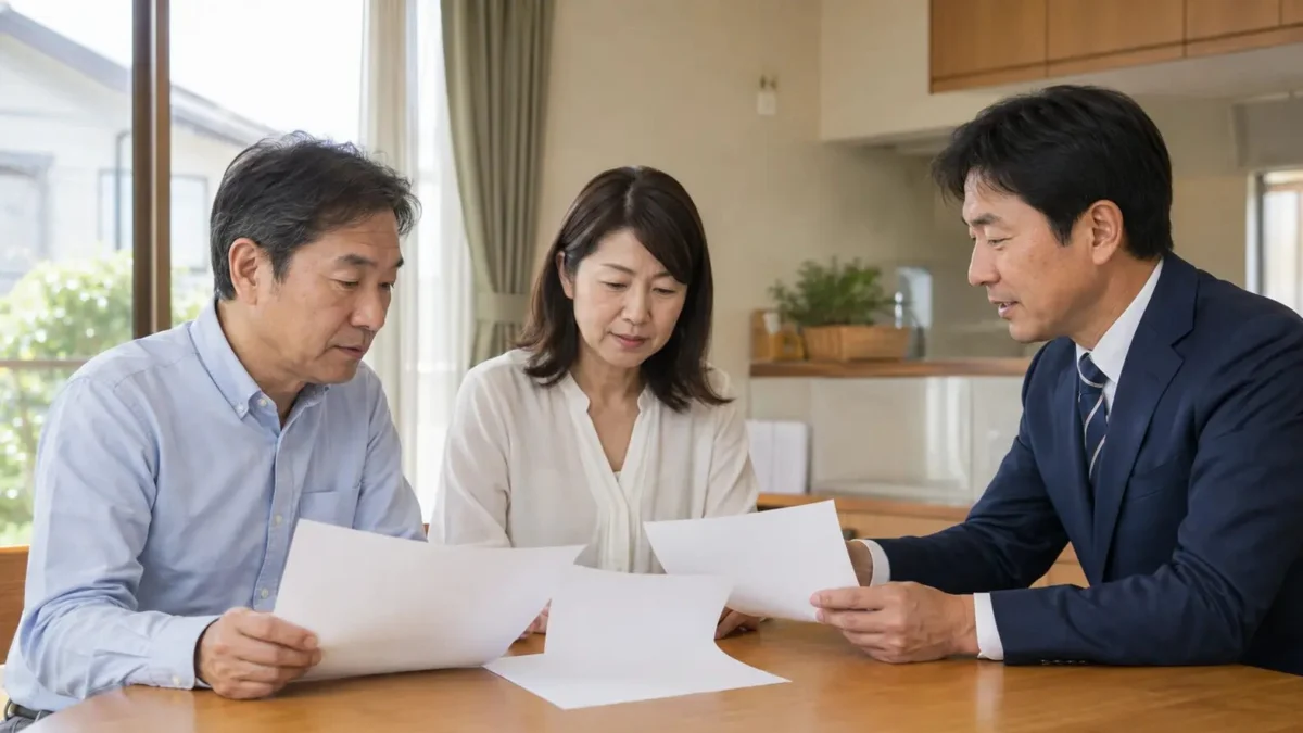 住宅の売却査定を不動産担当者へ相談する家族