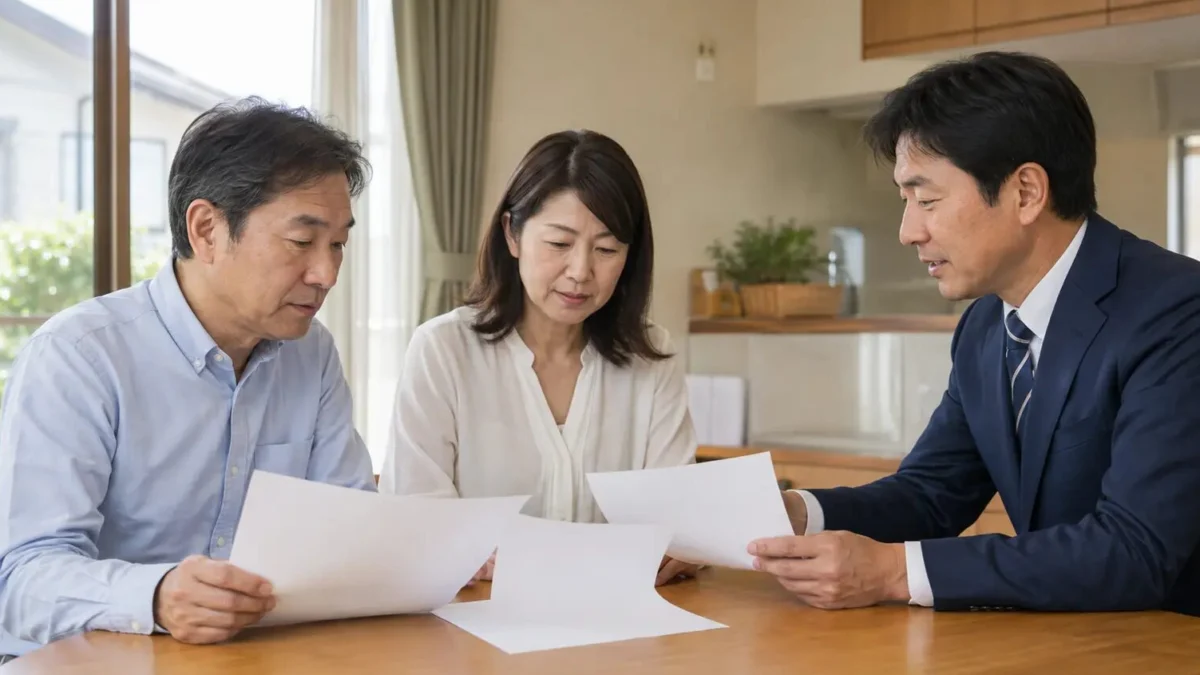 住宅の売却査定を不動産担当者へ相談する家族